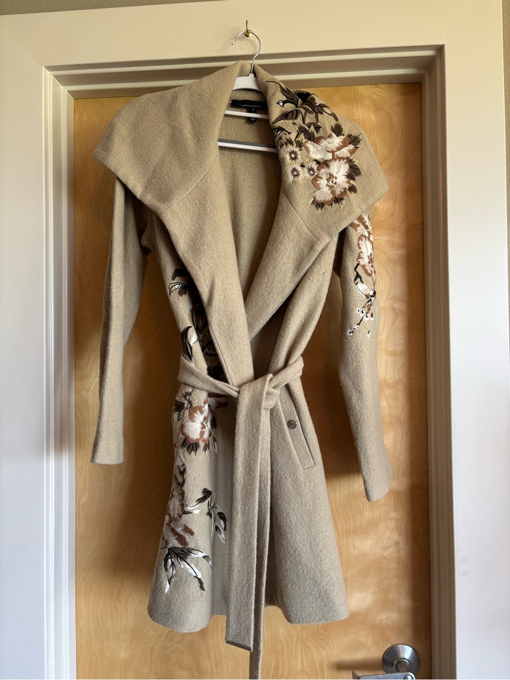 White House Black Market Embroidered Wool Wrap Sweater Coat Belted S